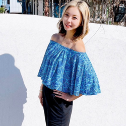 Luluoli ブラウス 葉　濃ブルー×薄ブルー